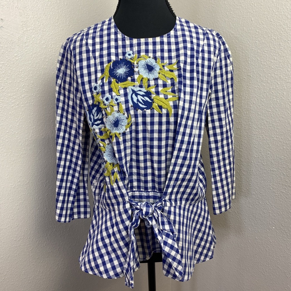 Zara Blouse Woman's Medium Blue & White Gingham Floral Embroidered 3/4 sleeve